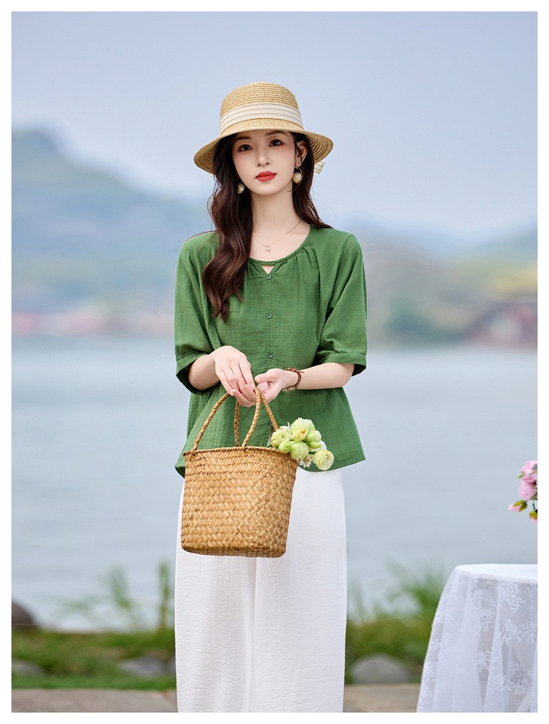 Bộ sơ mi phối quần ống đứng hai mảnh phong cách tân cổ điển MM6615 — màu sắc, xanh lá cây chi tiết 13