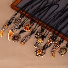 跨境热销复古吊坠项链民族风小众男女锁骨链鲨鱼牙毛衣链象牙项链