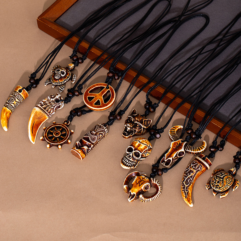 跨境热销复古吊坠项链民族风小众男女锁骨链鲨鱼牙毛衣链象牙项链