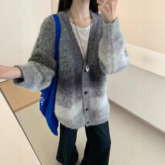 跨境渐变色拉毛针织开衫女2025秋冬新款韩版宽松慵懒风毛衣外套潮