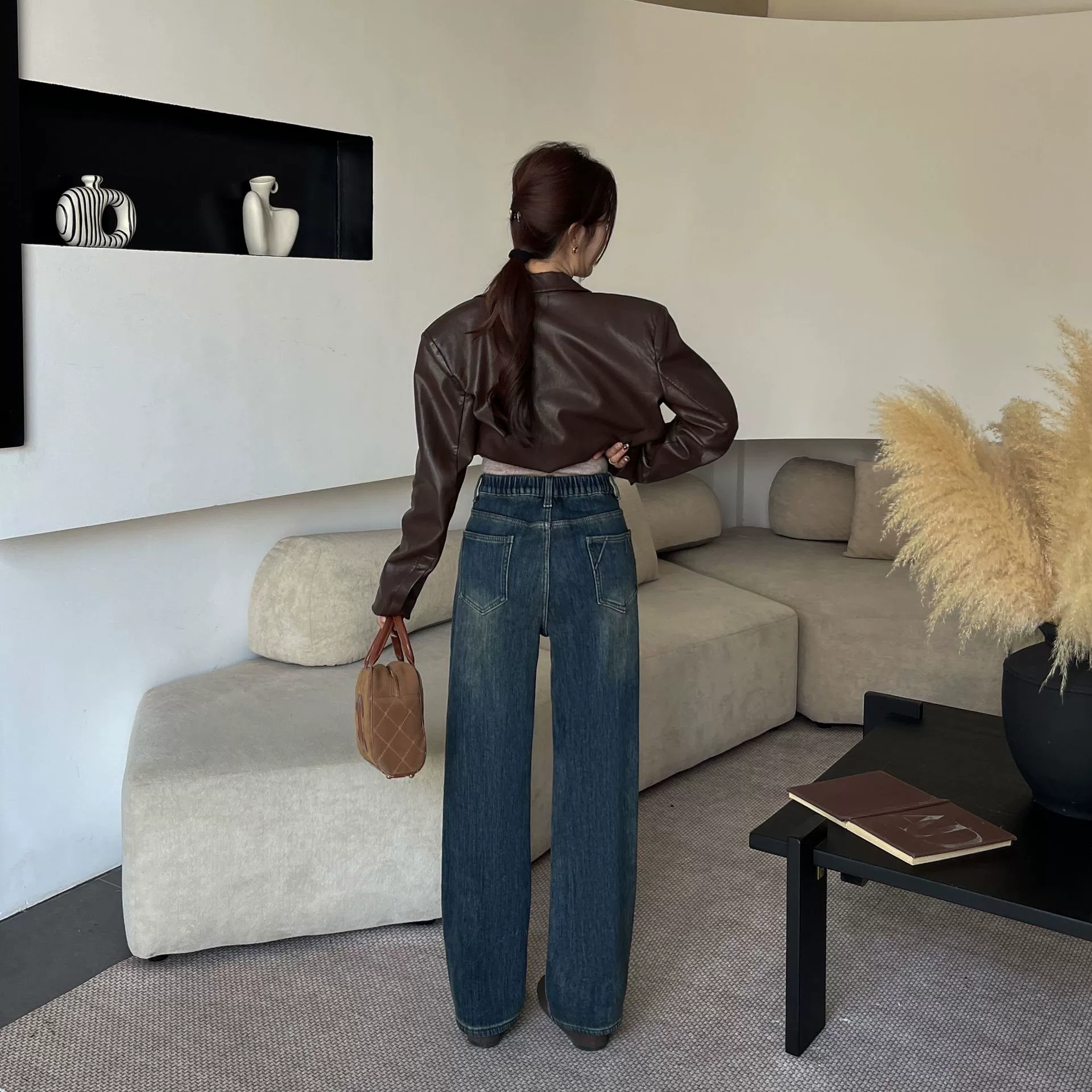 Осенние демисезонные флисовые джинсовые casual брюки, большой размер, slim/облегающие, свободный прямой покрой, оверсайз