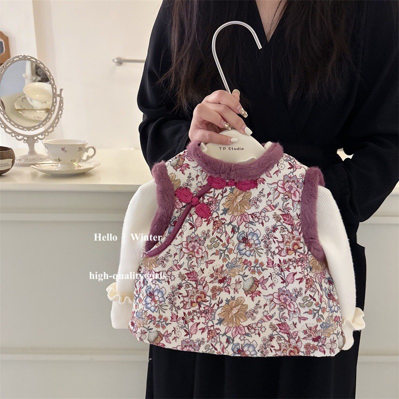 En stock Año Nuevo ropa niñas chaleco invierno estilo nacional cheongsam bebé engrosado chaleco niños Año Nuevo Tang traje superior