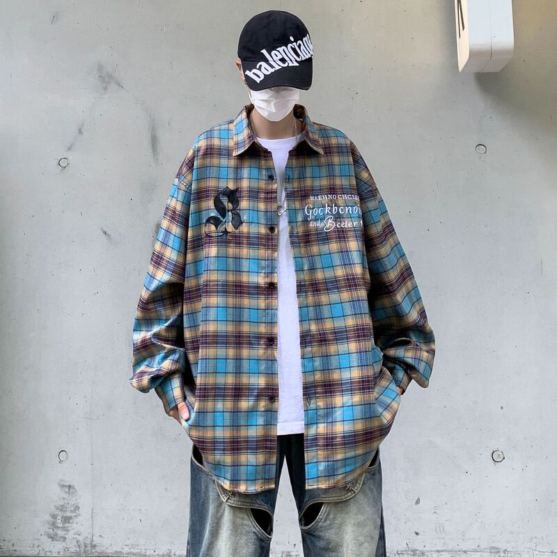 Vintage Plaid Embroidered Shirt Men's Trendy Brand Hip-Hop Street Loose American Casual All-Match Couple's Long-Sleeved Shirt