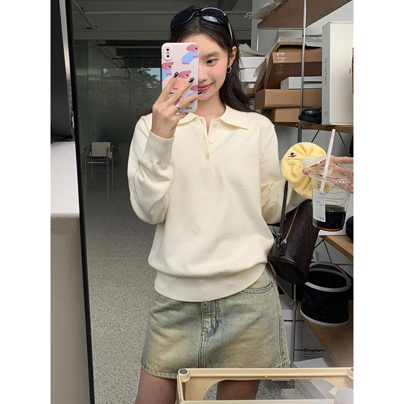 2025新款韩系Polo领针织衫女2025春秋慵懒风百搭宽松翻领长袖上衣|undefined