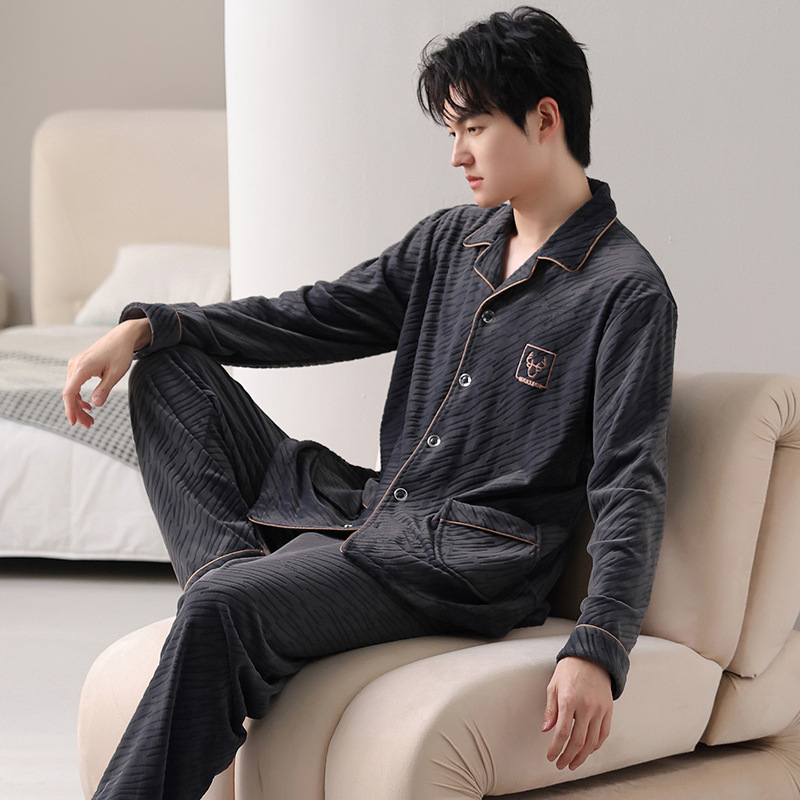 Men's Pajamas Winter Island Velvet Long-Sleeved Thickeneded Autumn and Winter Fashionable Simple Home Clothes Warm and Comfortable Suit for Men