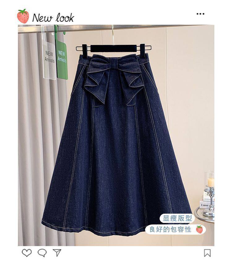 Chân váy denim dáng chữ A cạp cao có nơ, dáng midi che khuyết điểm tôn dáng — Màu xanh dương chi tiết 6
