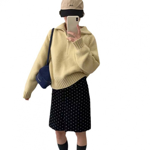 KANING Women's Half-High Collar Zipper Red Sweater 2025 Autumn Design-Sensitive Loose Hooded Knit Top