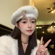 法式蝴蝶结可爱兔子毛绒帽子女秋冬保暖兔毛贝雷帽显脸小画家帽子