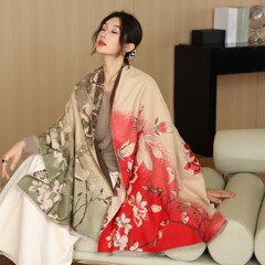 国风渐变花朵仿羊绒围巾女高级感双面两用提花披肩复古民族风围脖