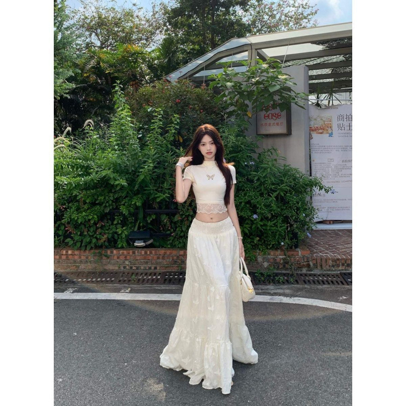 レースステッチ蝶中空半袖Tシャツレディースサマーデザインスーツ優しいハイウエストスカート2点セット|undefined