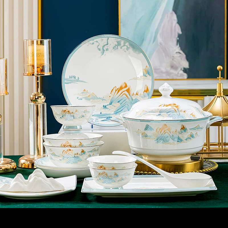 Фарфор костяной посуды и набор блюд Jingdezhen керамические чаши и наборы тарелок полный набор подглазурный цвет Китайский стиль чаши и палочки для еды