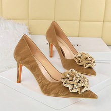 18249-AH55 Korean Fashion Banquet High Heels Floral Women's Shoes Thin Heels Shallow Mouth Pointed Flower Single Shoes High Heels