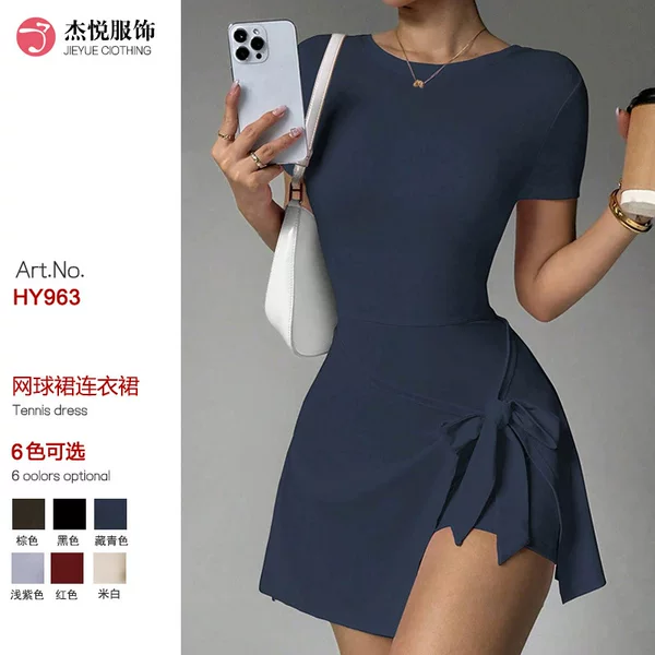 Cross-Border Casual Yoga One-Piece Skirt, Tight-Fitting, Beautiful Back, Fake Two-Piece, Outdoor Fitness, Anti-Exposure, Sports Tennis Skirt for Women