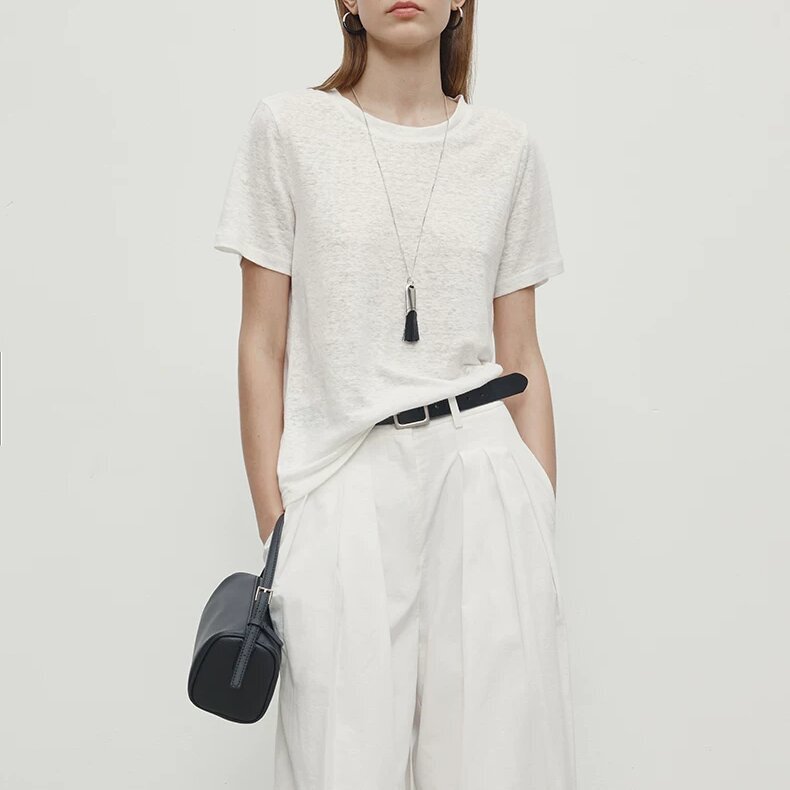 100% hemp white round-neck short-sleeve T-shirt for women, summer simple loose-fitting solid color knitted top, versatile casual style