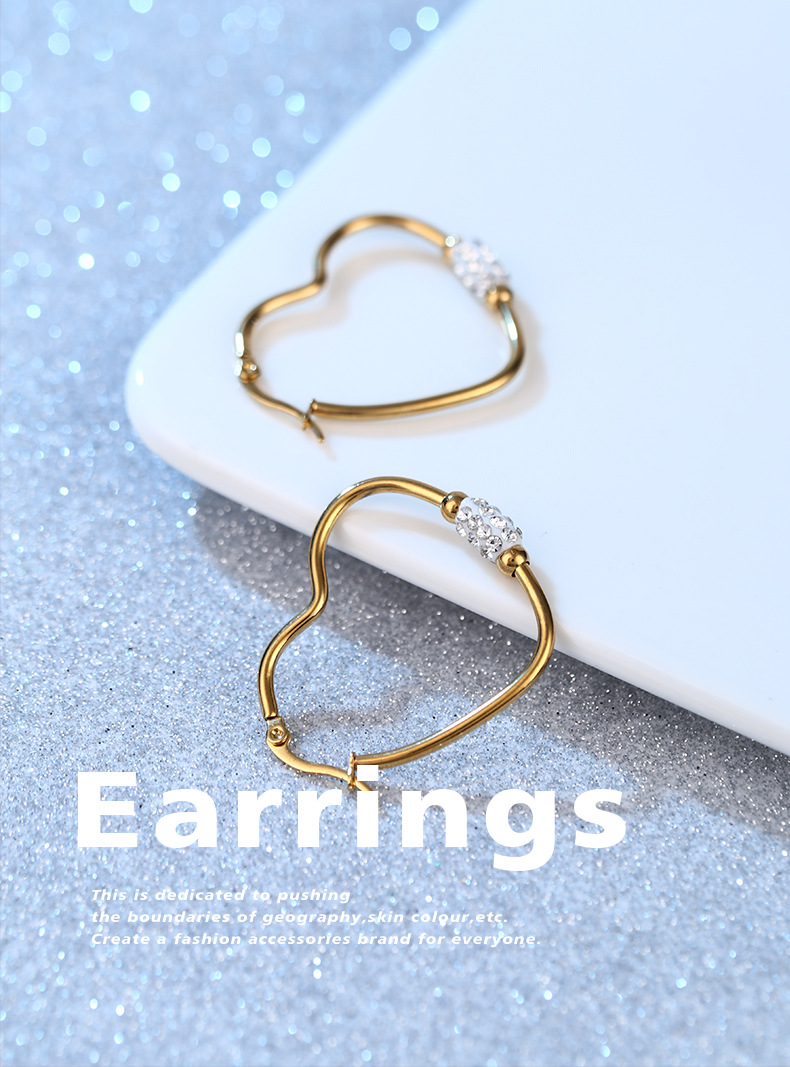 INS Style Heart Shape Stainless Steel Inlay Zircon Earrings 1 Pair