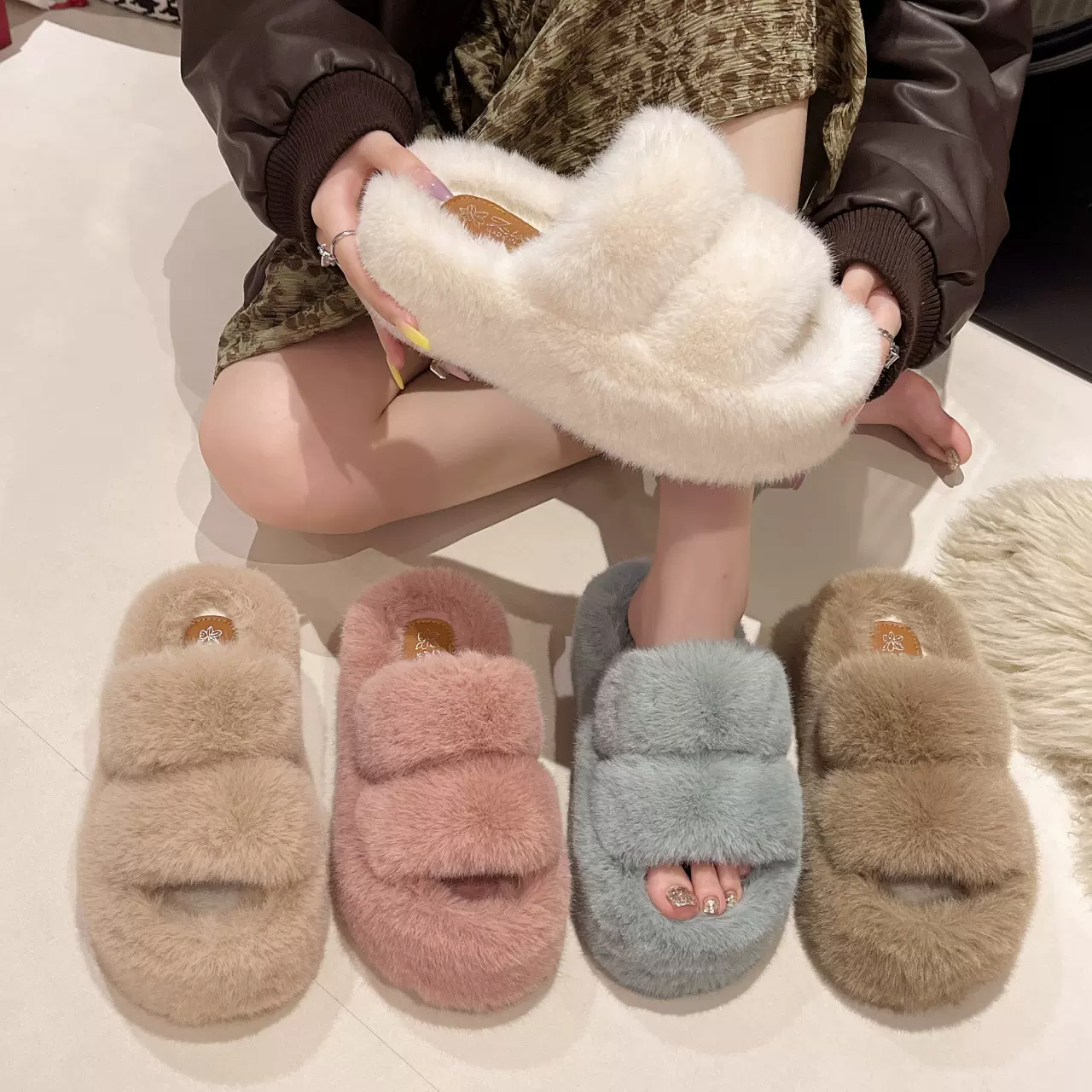 34~42码 网红白色一字厚底毛毛拖鞋女夏外穿2024新款百搭棉拖鞋子