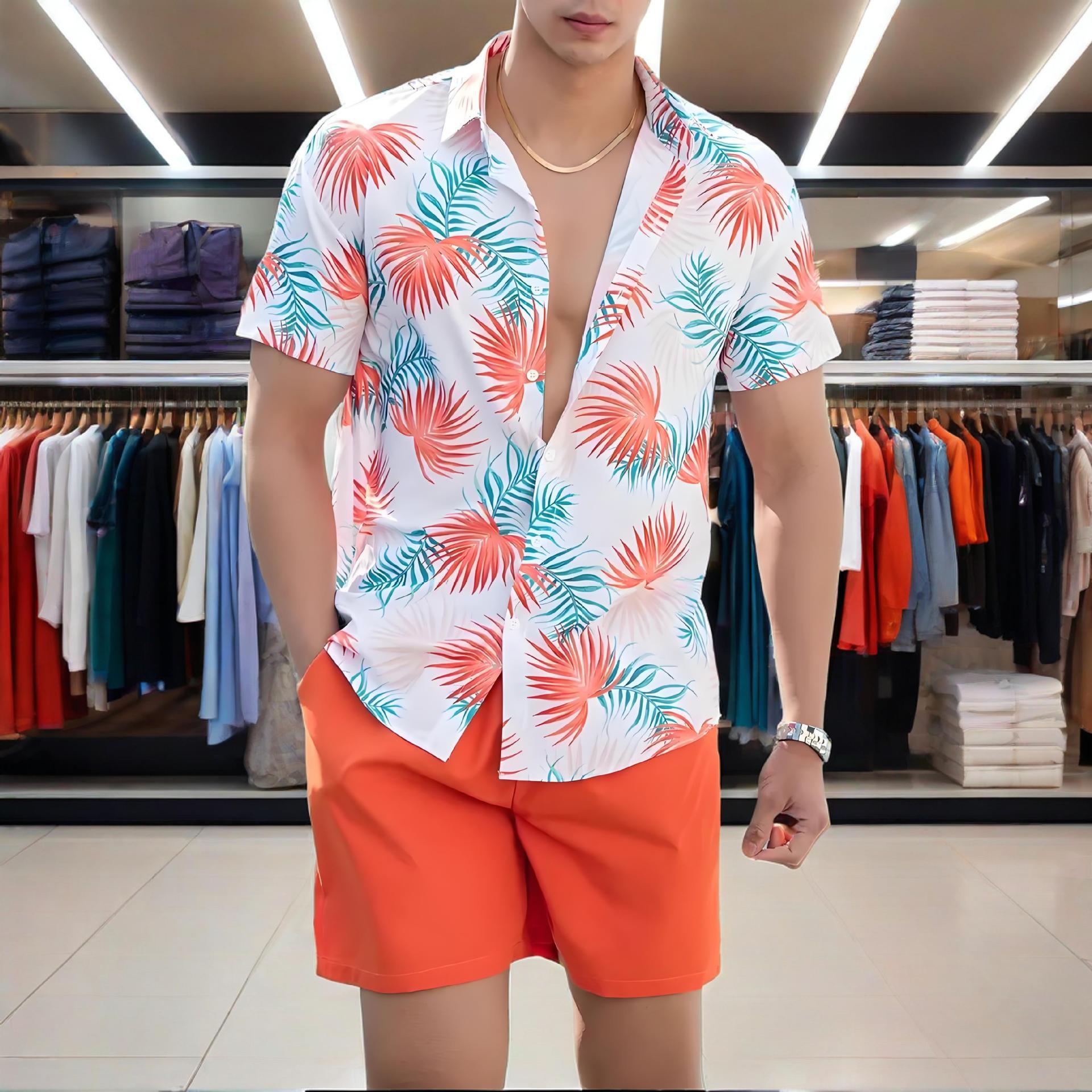 2025 Spring Summer New Men's Cardigan Shirt Set Short Sleeve Top Beach Cross-Border Source Factory