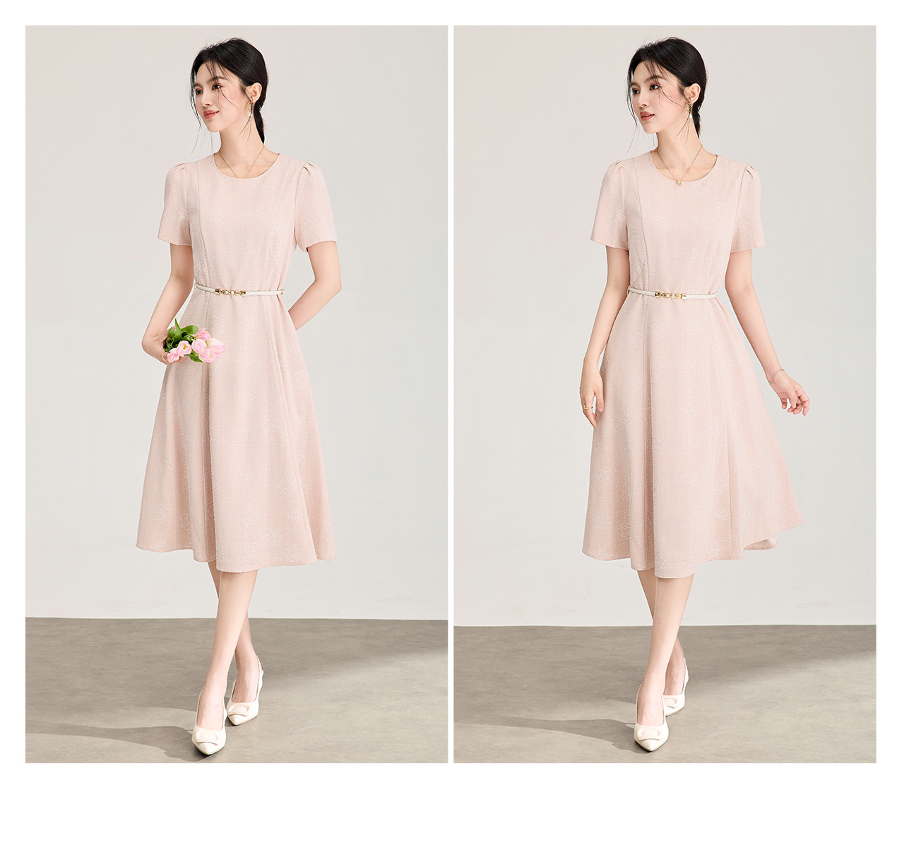 Đầm maxi nữ thắt eo họa tiết hoa sơn trà nổi — xanh lam chi tiết 20