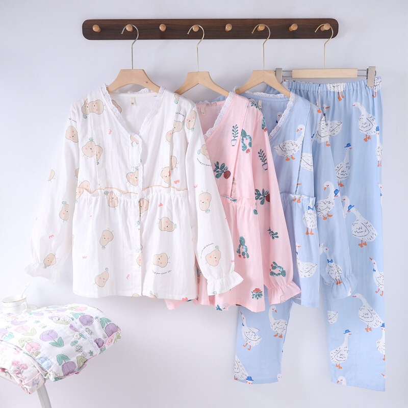 Summer cotton double-layer gauze month clothing breast-feeding postpartum nursing pregnant women's pajamas V-neck cotton cardigan side opening to absorb sweat