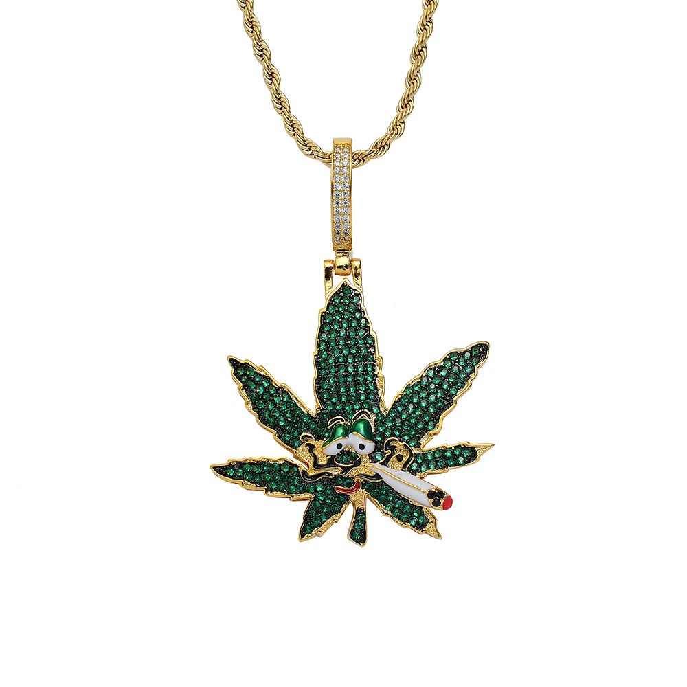 Zirconia Maple Leaf Pendant Necklace Full Diamond Cuban Chain_voghion.com