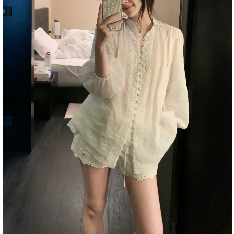 Stylish and Fashionable Ramie A-Line White Stand-Collar Shirt for Women, Summer French Lace Patchwork Trim, Three-Quarter Sleeve Top, Trendy Stylish and Fashionable Ramie A-Line White Stand-Collar Shirt for Women, Summer French Lace Patchwork Trim, Three-Quarter Sleeve Top, Trendy