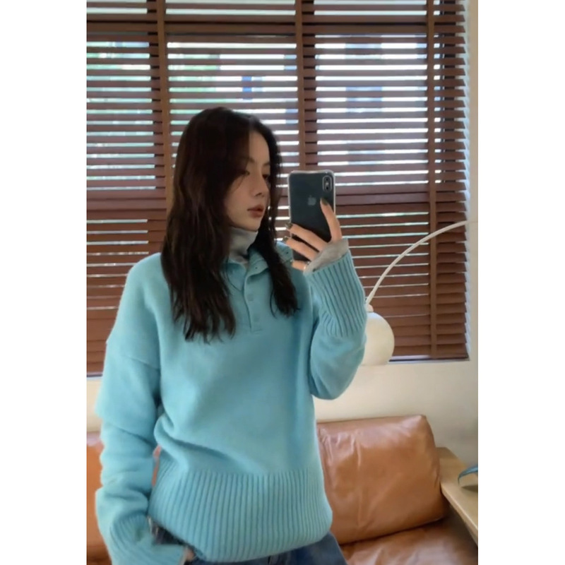 Now 2025 New Winter Korean Designer Et*Os Lazy Style Two-Wear High Collar Buttoned Off-Shoulder Sweater