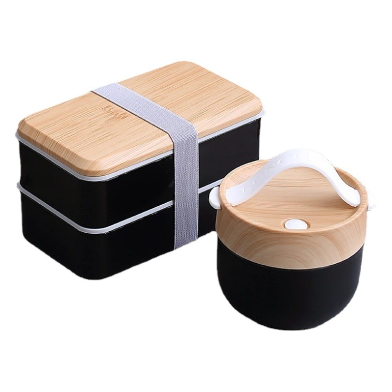 Caja de almuerzo de grano de madera traje de oficina chica estudiante caja de almuerzo portátil con tenedor cuchara en stock al por mayor horno de microondas