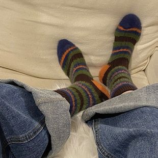 Ins Korean style autumn and winter imitation mink velvet warm stockings thick line women's socks pattern color matching color contrast sweet mid-tube socks