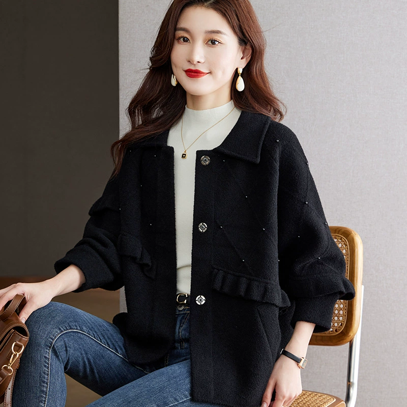 Пальто с лацканами из шерстяной шерсти женский короткий 2024 новый осенний и зимний черный гривер сшитый свободный кашемировый кардиган топ