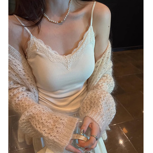 Spring and Summer All-In-One Threaded Cotton Korean Style Pure Lust Wavy Lace Splicing V Neck Suspender Push-Up Slim Fit Inner Wear