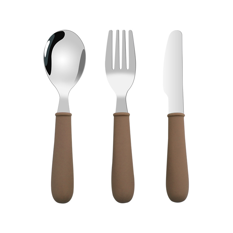 Juego de 3 piezas de cuchillo, tenedor y cuchara para niños de acero inoxidable 304 transfronterizo, mango de goma suave, cuchara para comer para bebés, tenedor, juego de comida occidental