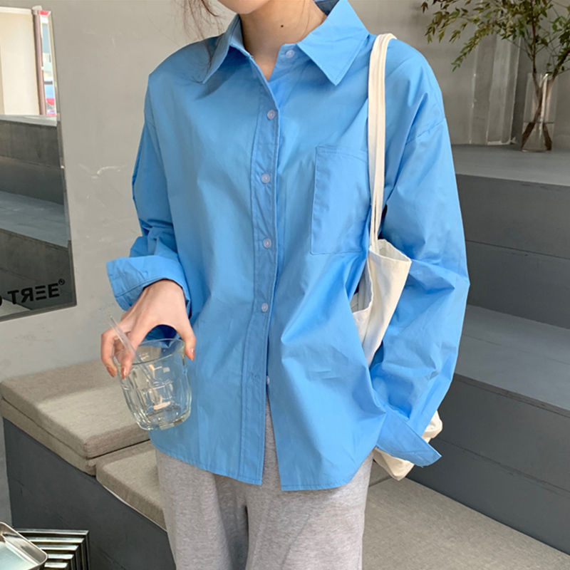 Blue Shirt Women's Summer Design Sense Niche Stacked Shirt Loose Salt Style Hong Kong Style Retro Long Sleeve Top for Outer Wear Blue Shirt Women's Summer Design Sense Niche Stacked Shirt Loose Salt Style Hong Kong Style Retro Long Sleeve Top for Outer Wear