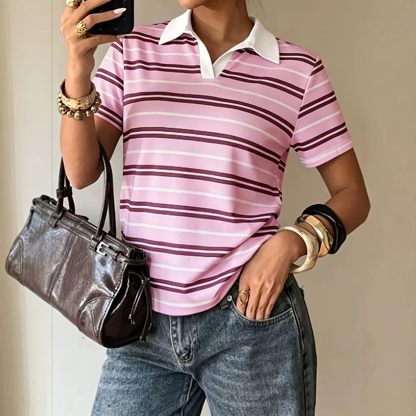 2026 New Style Women's Color-Block Striped Polo Collar Short Sleeve T-Shirt, Slimming Versatile Retro Style Top with Turn-Down Collar