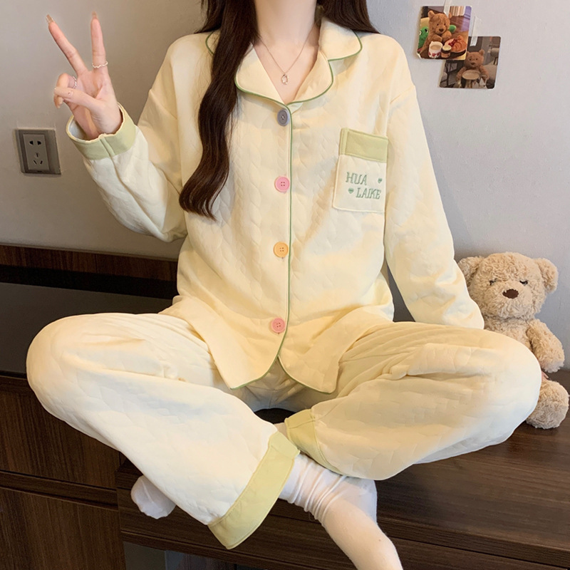 Korean Style Air Cotton Sandwich Warm Pajamas for Women Autumn and Winter New Long-Sleeved Letter Embroidered Home Clothes Two-Piece Set Wholesale