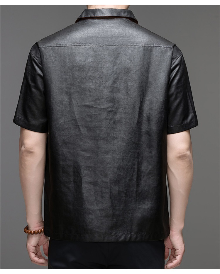 Áo polo nam tay ngắn lụa Mulberry jacquard ve áo satin — Da đen 8885 chi tiết 11