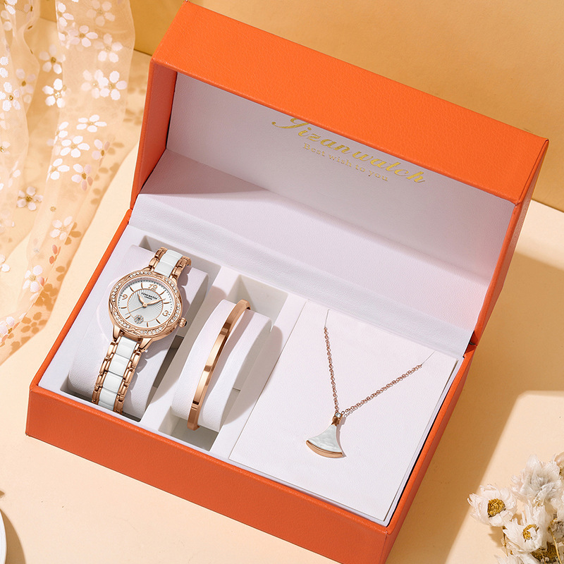 520 Valentine's Day and Chinese Valentine's Day Gift, Genuine Ceramic Women's Watch with Clover Necklace, Trending Model, Available for Dropshipping