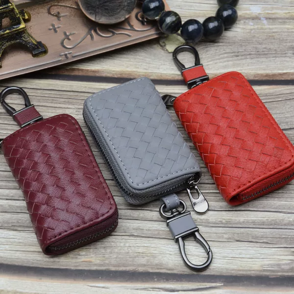 Textured Woven Car Key Bag Men's High-End Car Key Cover Women's Large-Capacity Zipper Key Bag Key Chain