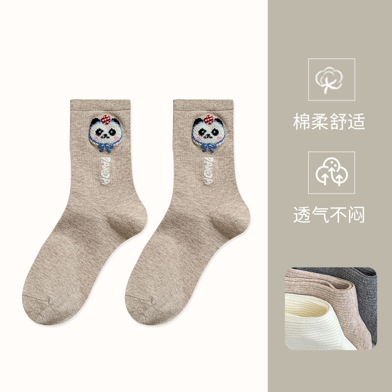 植绒可爱小熊袜子女士春秋季中筒袜纯棉无骨月子堆堆袜子卡通长袜|undefined