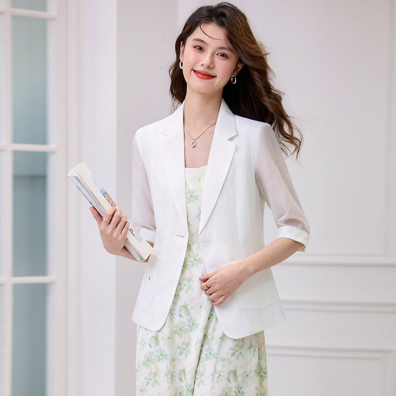 High-end White Mesh Mid-sleeve Thin Suit Tencel Jacket Women's New Early Spring Casual Short Elegant Top