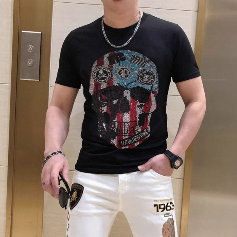 Chao Brand Short-sleeved Loose Crewneck Breathable 2025 New Hot Drilling T-Shirt Chao Brand PLEIN Cross-border E-commerce One Piece