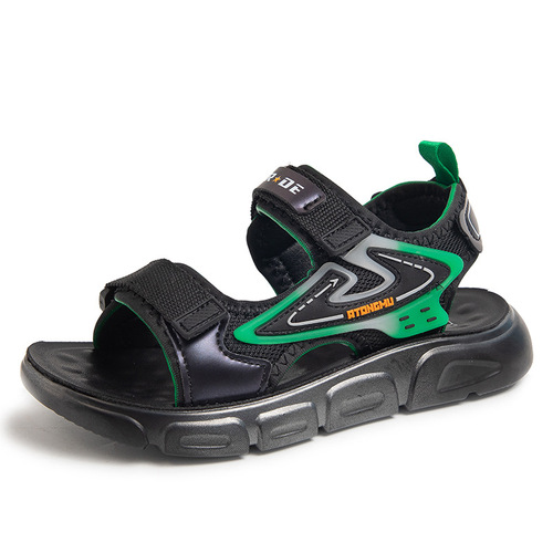 Children's Summer Slides, Polyurethane Lightweight Beach Shoes for Boys, Soft Sole with Hook and Loop, School Shoes, Versatile