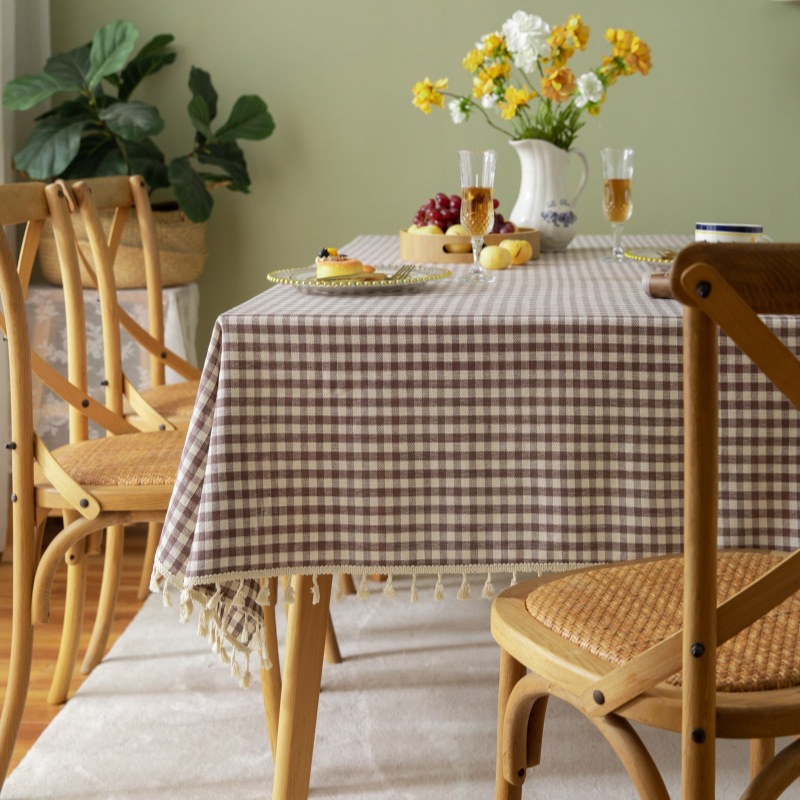 Japanese and Korean Style Cotton Linen Fabric Tablecloth Fresh Style Plaid Dining Tablecloth Linen Cover Cloth Nordic Tassel Coffee Table Cloth Long Tablecloth