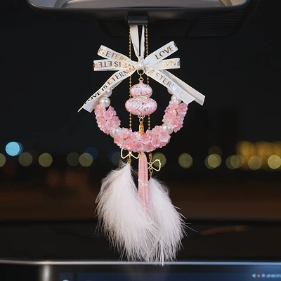 Fulu Gourd Car Safety Pendant Rearview: Car hanging - splendid-lily-of-the-valley-pendant-pink-gourd-style-feather-pendant