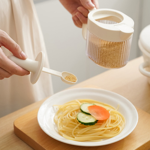 Kitchen spoon lid integrated seasoning jar with label chicken essence salt moisture-proof storage jar quantitative seasoning telescopic seasoning box
