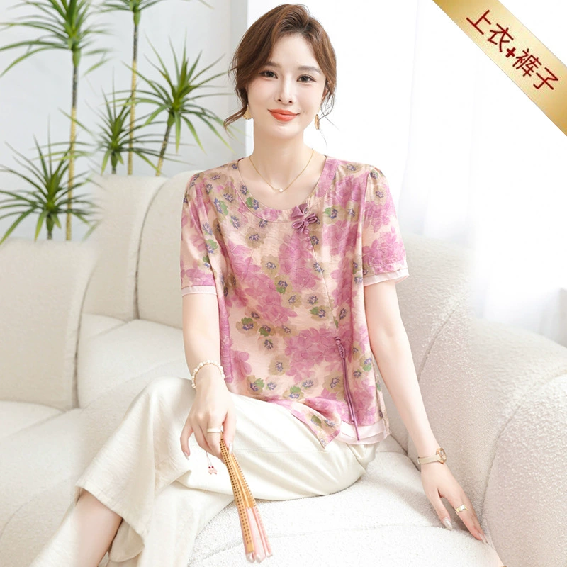 Мама летнее новое платье с короткими рукавами с принтом 50-летняя женщина шелковистая хлопчатобумажная футболка набор поглощает пот и дышит