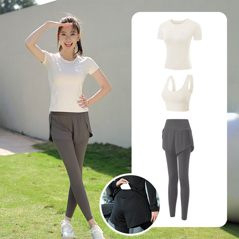 Trajes de yoga para mujeres de verano para correr ropa deportiva suelta rápida ropa seca bolsillo para correr trajes de mujeres de la mañana para correr comercio exterior