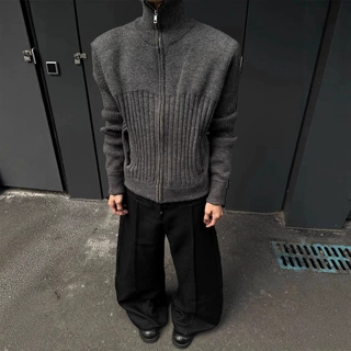 美式复古潮牌高领拉链针织衫外套男秋季街头痞帅宽松休闲开衫毛衣