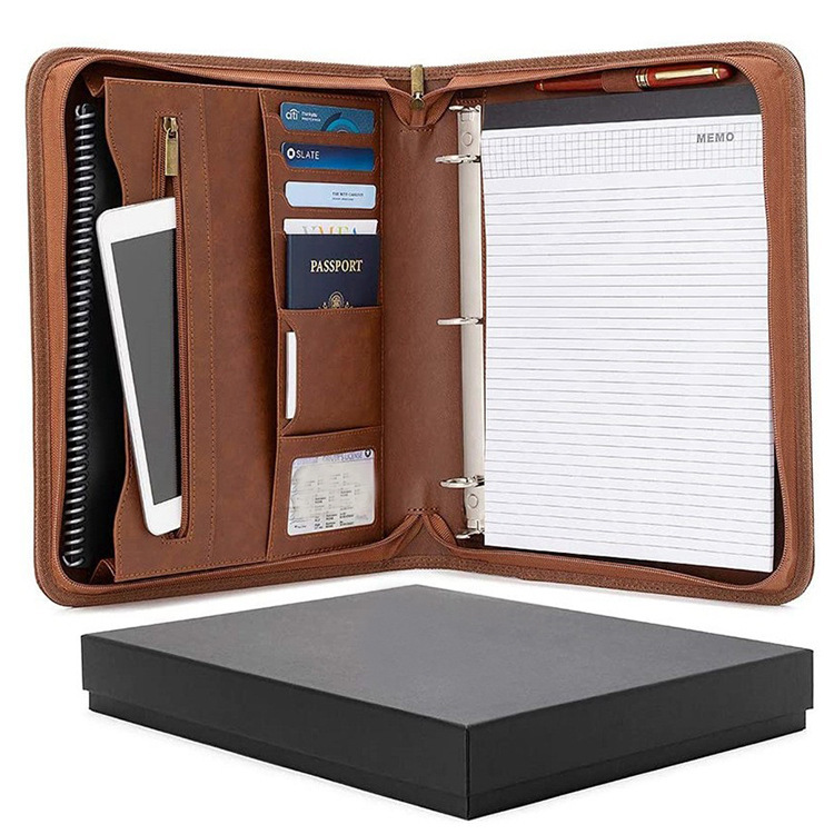 Customized Export Brown Pu File Bag Multi-Functional with Card Slot to Hold Tablet Computer Folder Business Manager Folder