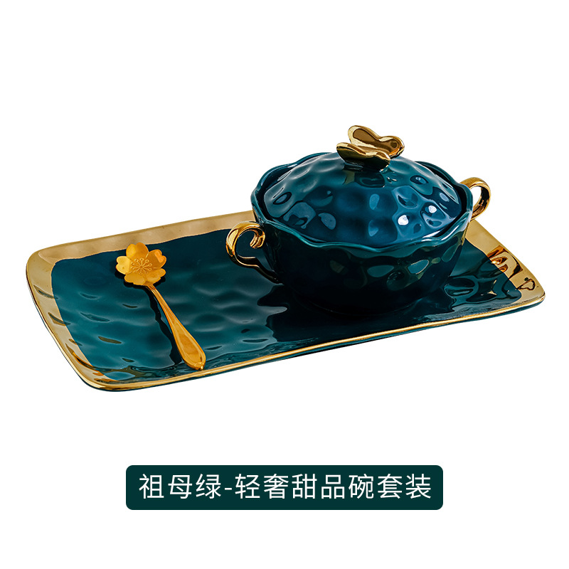 Cuenco de postre de agua de azúcar de cerámica set hogar Nido de Pájaro estofado tazón de sopa Internet celebridad una persona comida doble oreja tazón con tapa tazón de desayuno