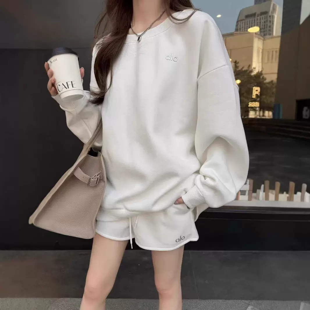 Alo春季新款卫衣两件套圆领宽松长袖卫衣上衣+休闲短裤套装女